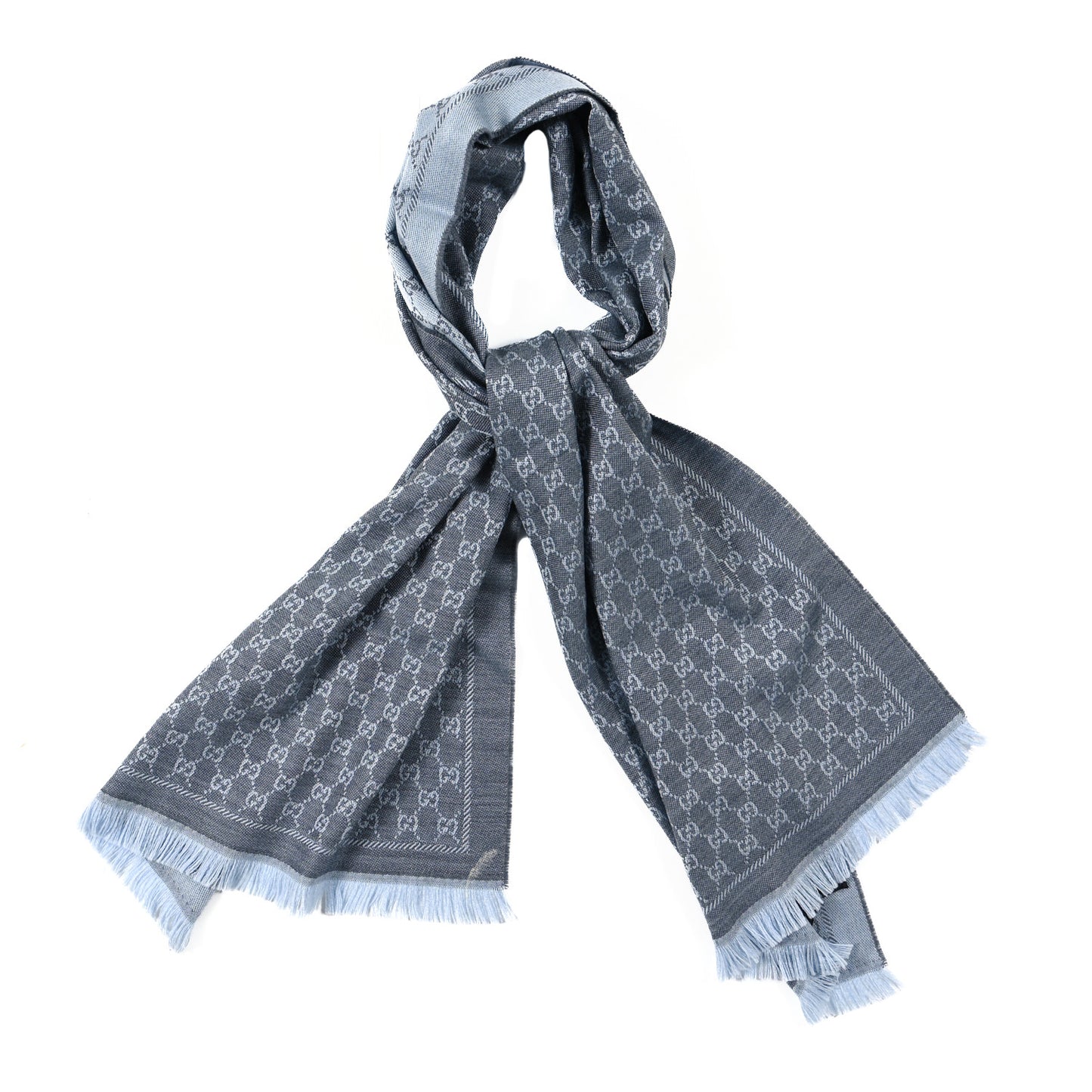 Wool GG Monogram Reversible New Sten Fringe Scarf Flannel Sky Blue