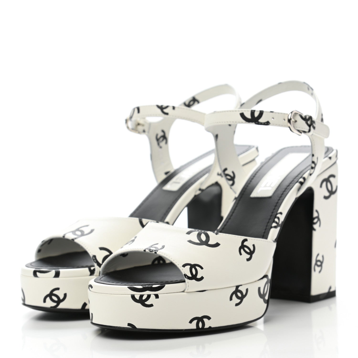 Chanel Printed Lambskin Coco Beach Platform Sandals 38.5 White Black 3 of 9