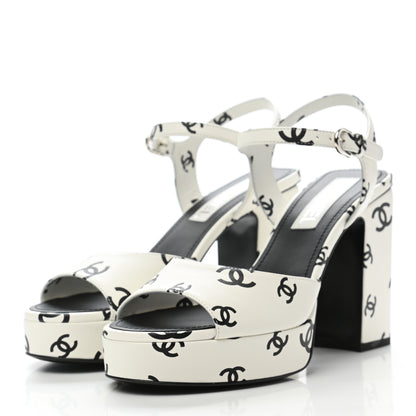 Chanel Printed Lambskin Coco Beach Platform Sandals 38.5 White Black 3 of 9