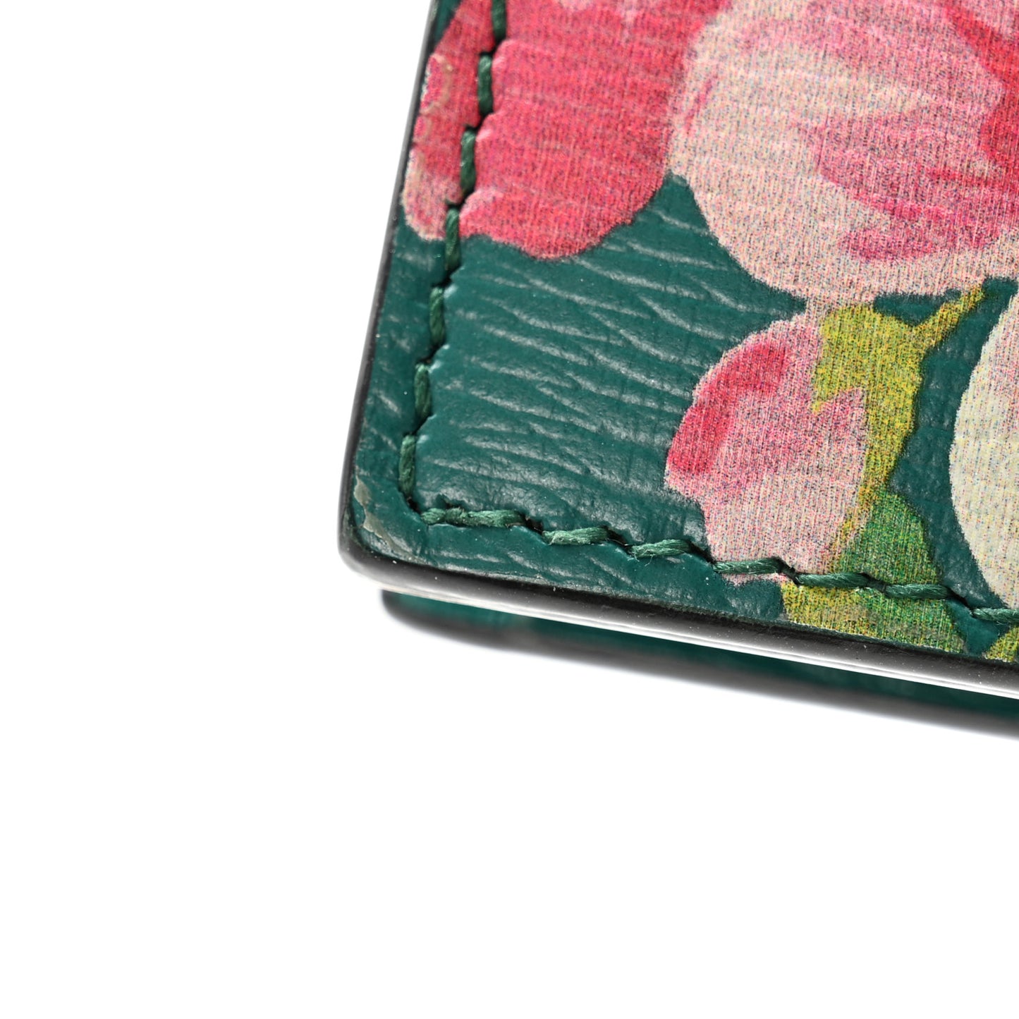 Shangai Calfskin Blooms Print Card Case Wallet Clear Bright Emerald Multicolor