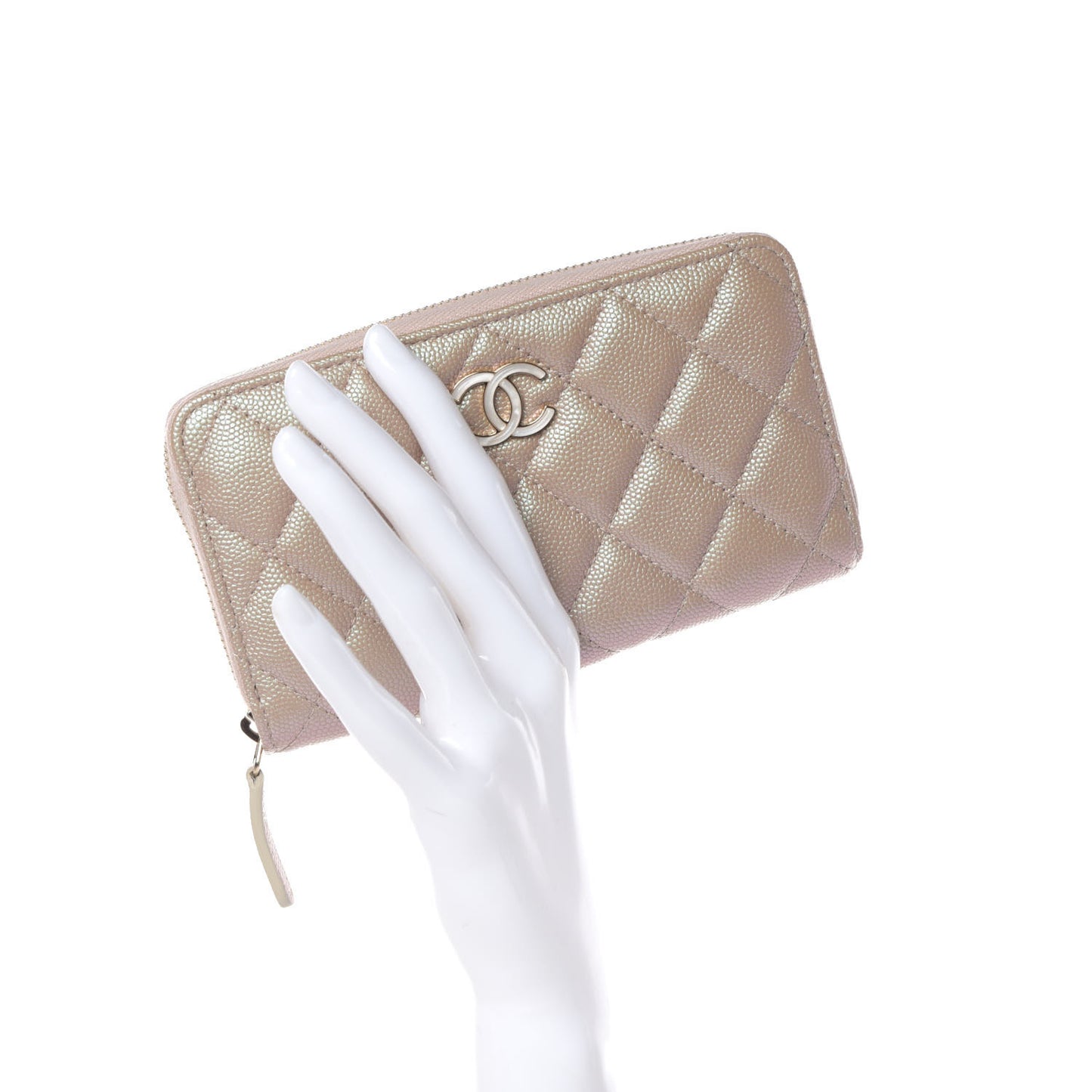 Iridescent Caviar Quilted Medium Zip Around Wallet Beige