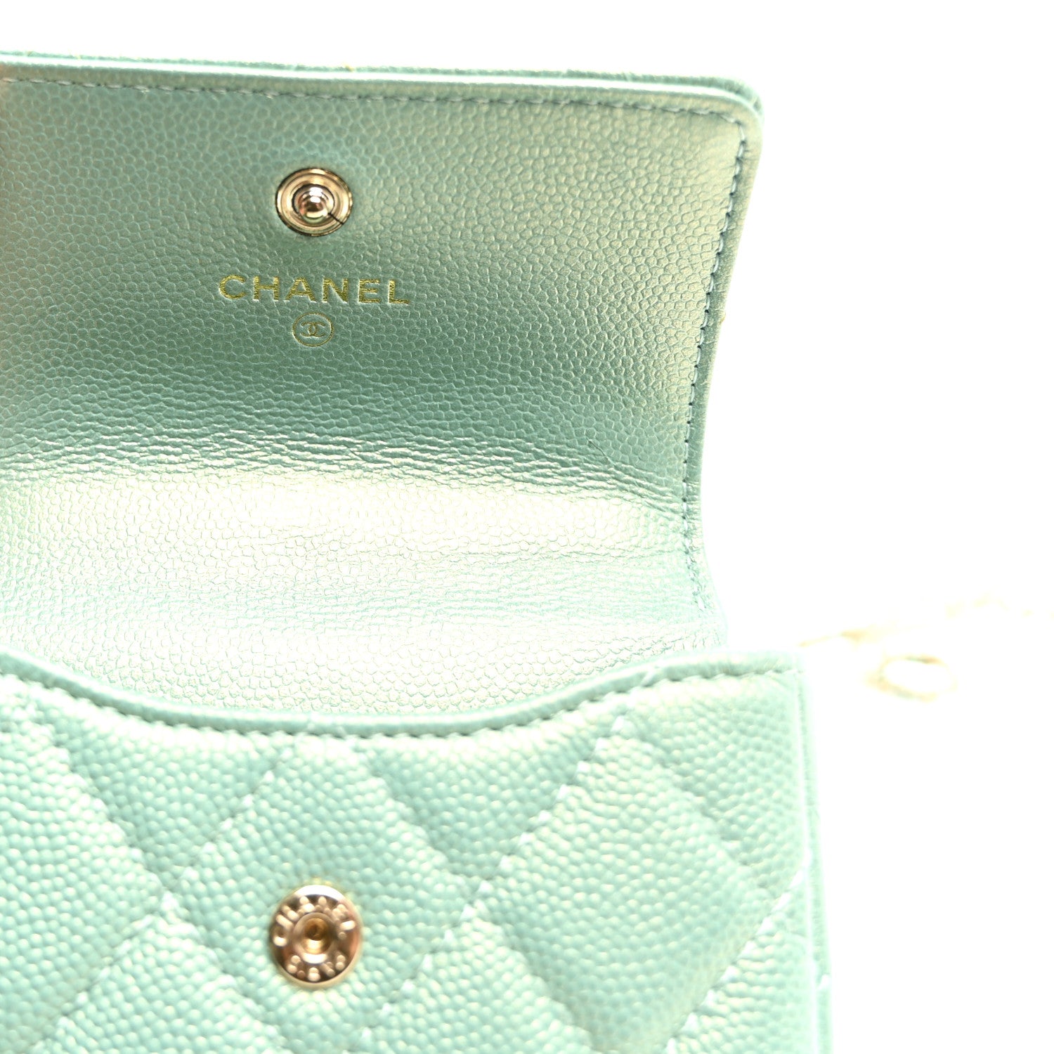 Chanel Iridescent Caviar Quilted Pearl On Top Coin Purse With Chain Light Green 6 of 10