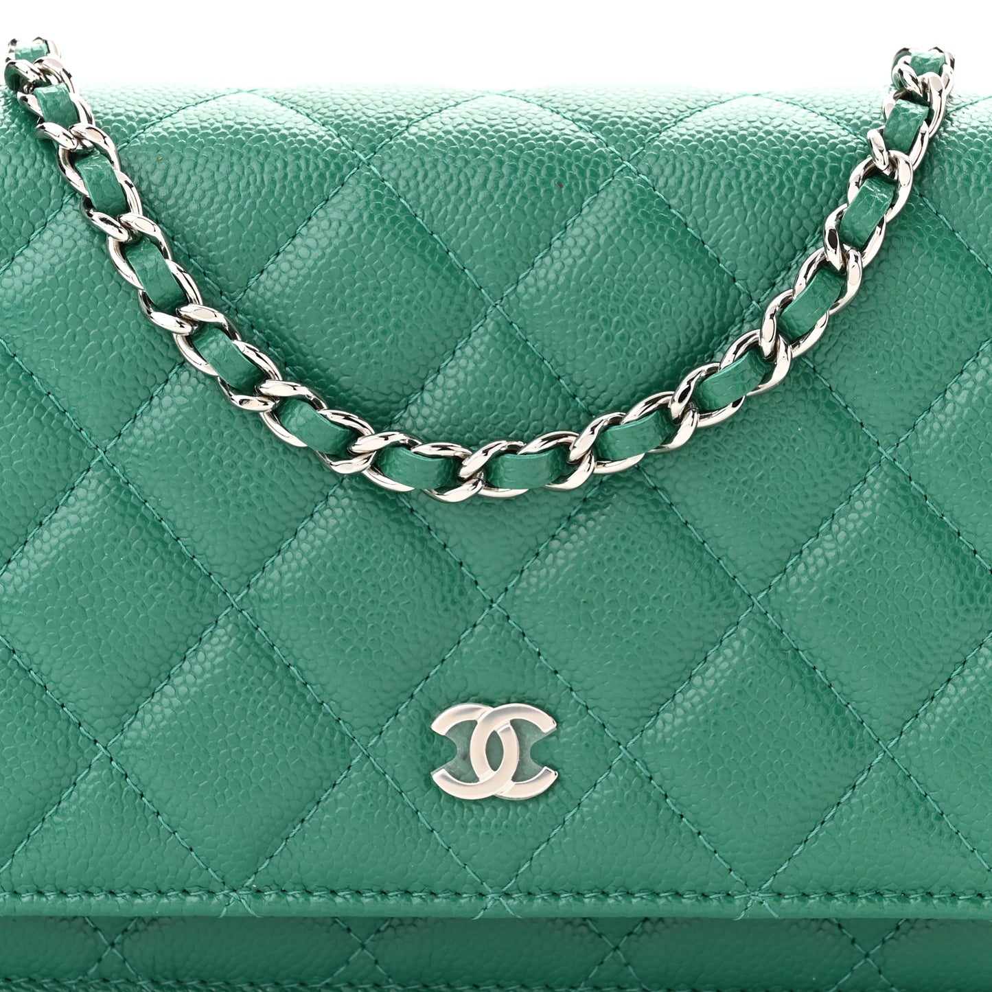 Metallic Caviar Quilted Wallet On Chain WOC Green