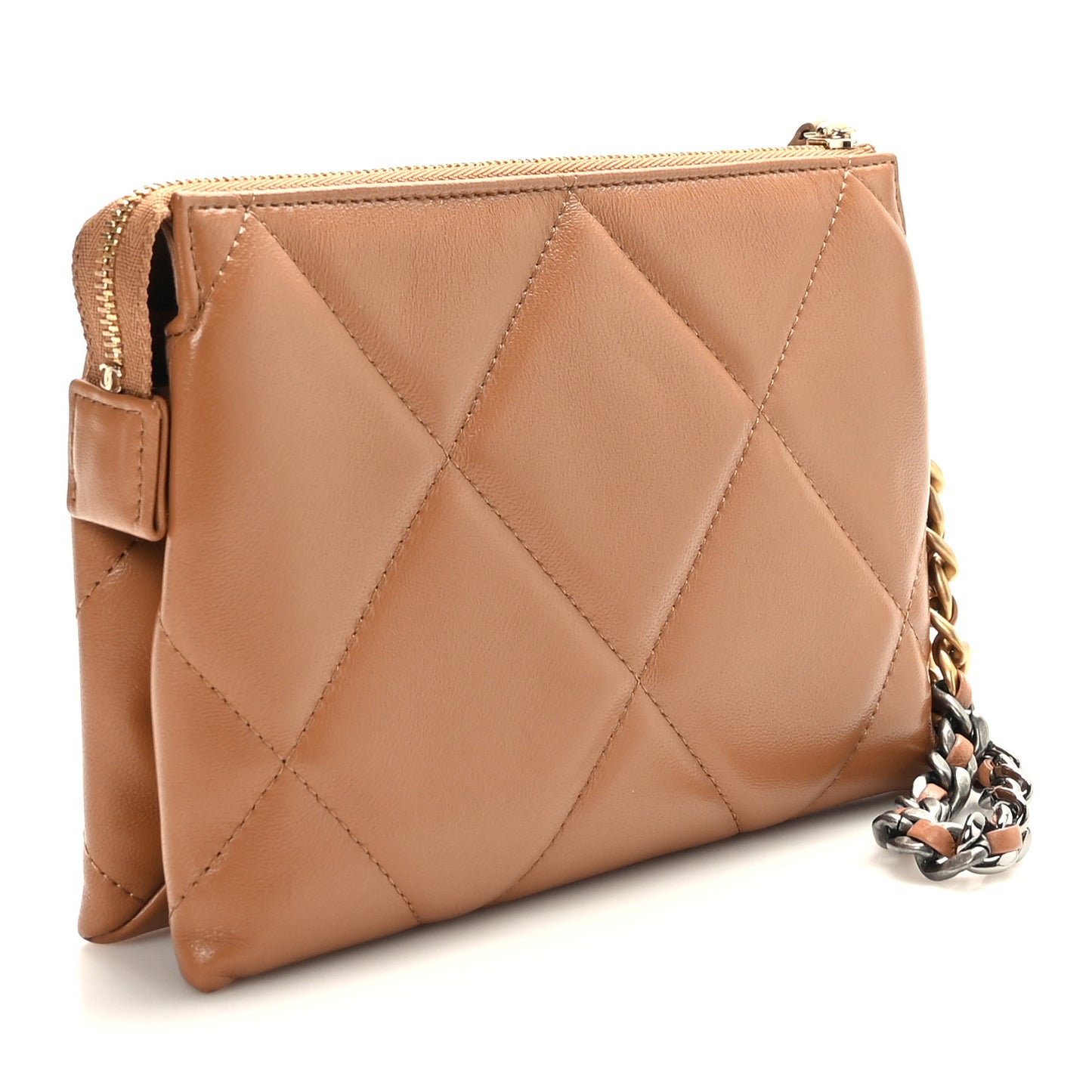 Shiny Goatskin Quilted Small Chanel 19 Pouch With Handle Clutch Brown