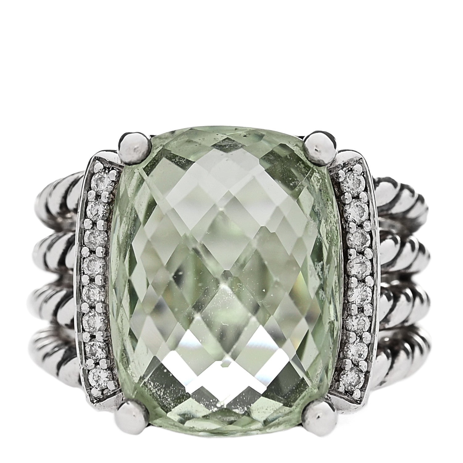 David Yurman Sterling Silver Diamond Prasiolite 16mm Wheaton Ring 54 6.75 1 of 4