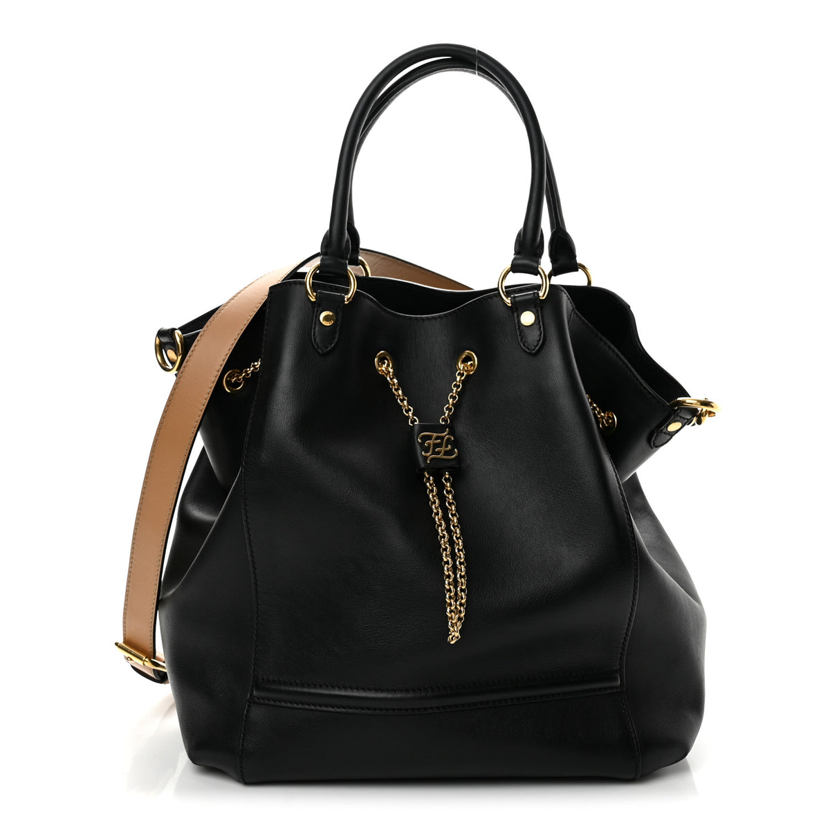 Fendi Vitello Grace King Karligraphy Chain Bucket Bag Black Bisquit 1 of 13