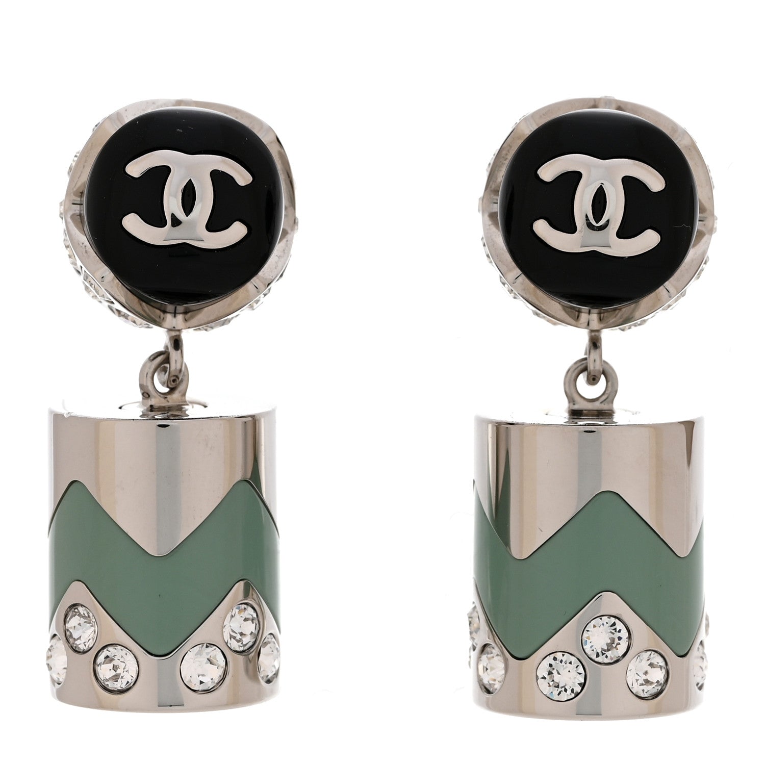 Chanel Metal Resin Crystal CC Pendant Earrings Silver Black Green 1 of 5