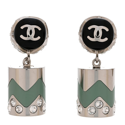 Chanel Metal Resin Crystal CC Pendant Earrings Silver Black Green 1 of 5