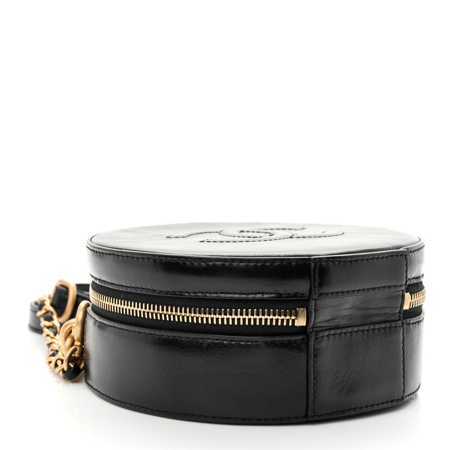 Glazed Calfskin Round As Earth Evening Bag Black