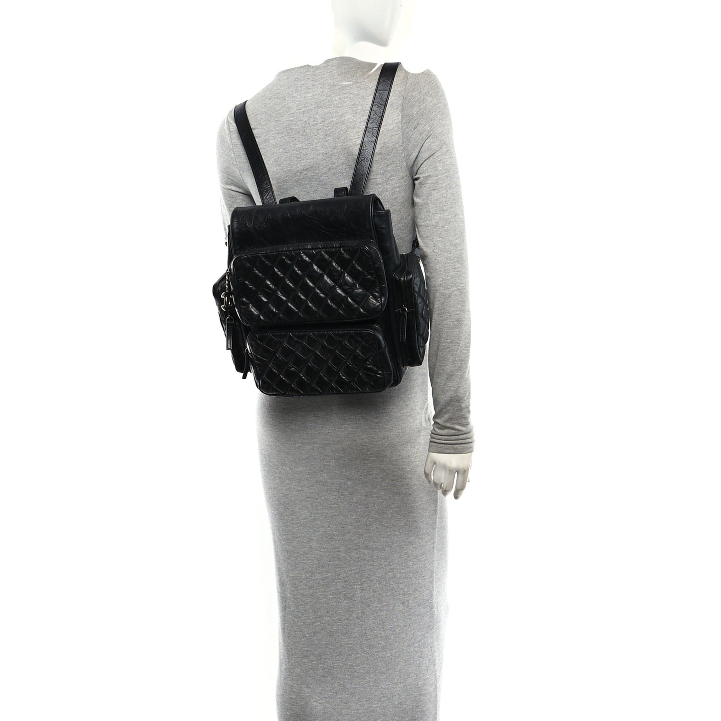 Grained Calfskin Quilted Large Casual Rock Backpack Black