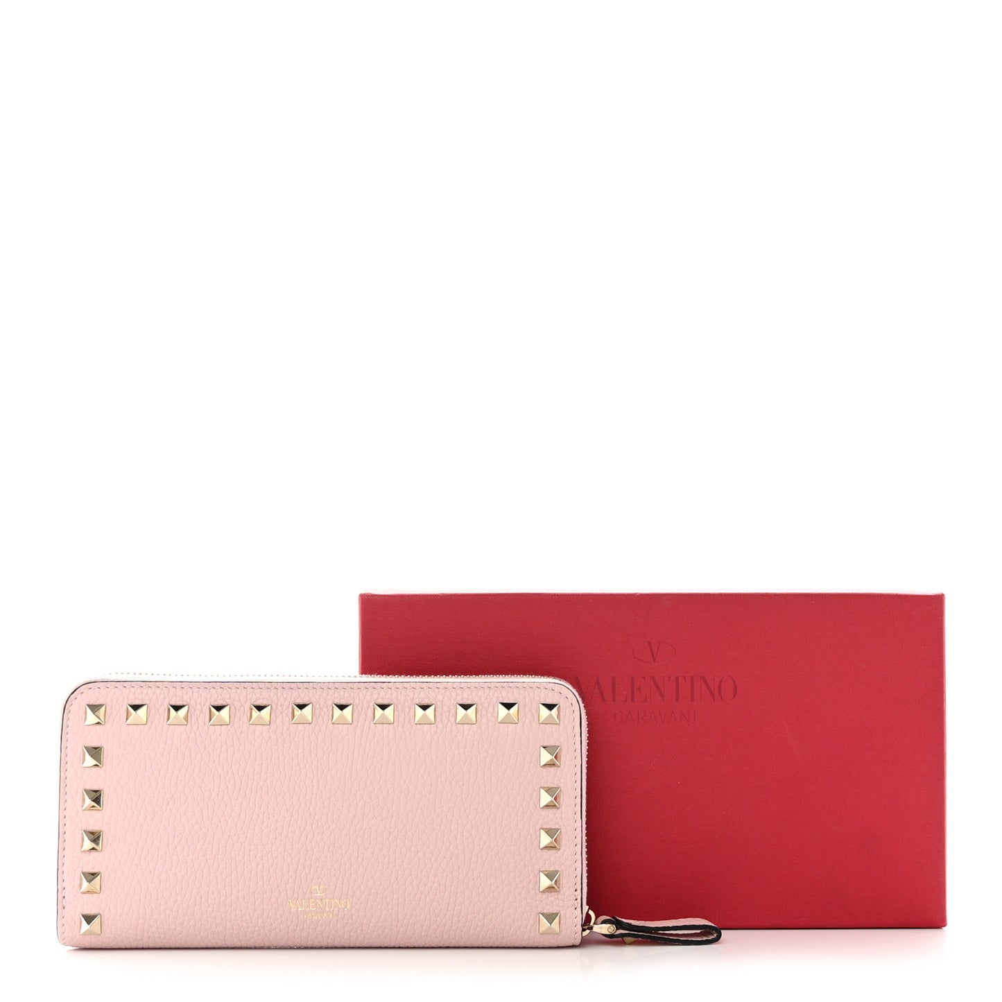 Pebbled Calfskin Rockstud Zip Around Wallet Water Rose