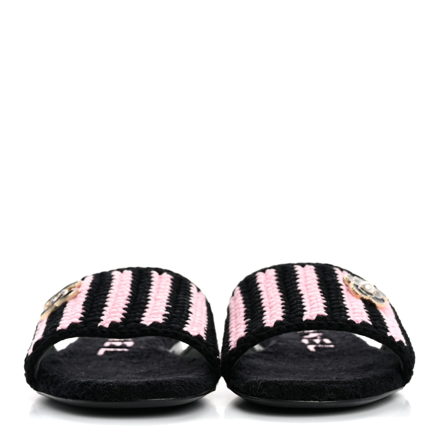 Crochet Striped Enamel Camellia Mules Sandals 36.5 Pink Black