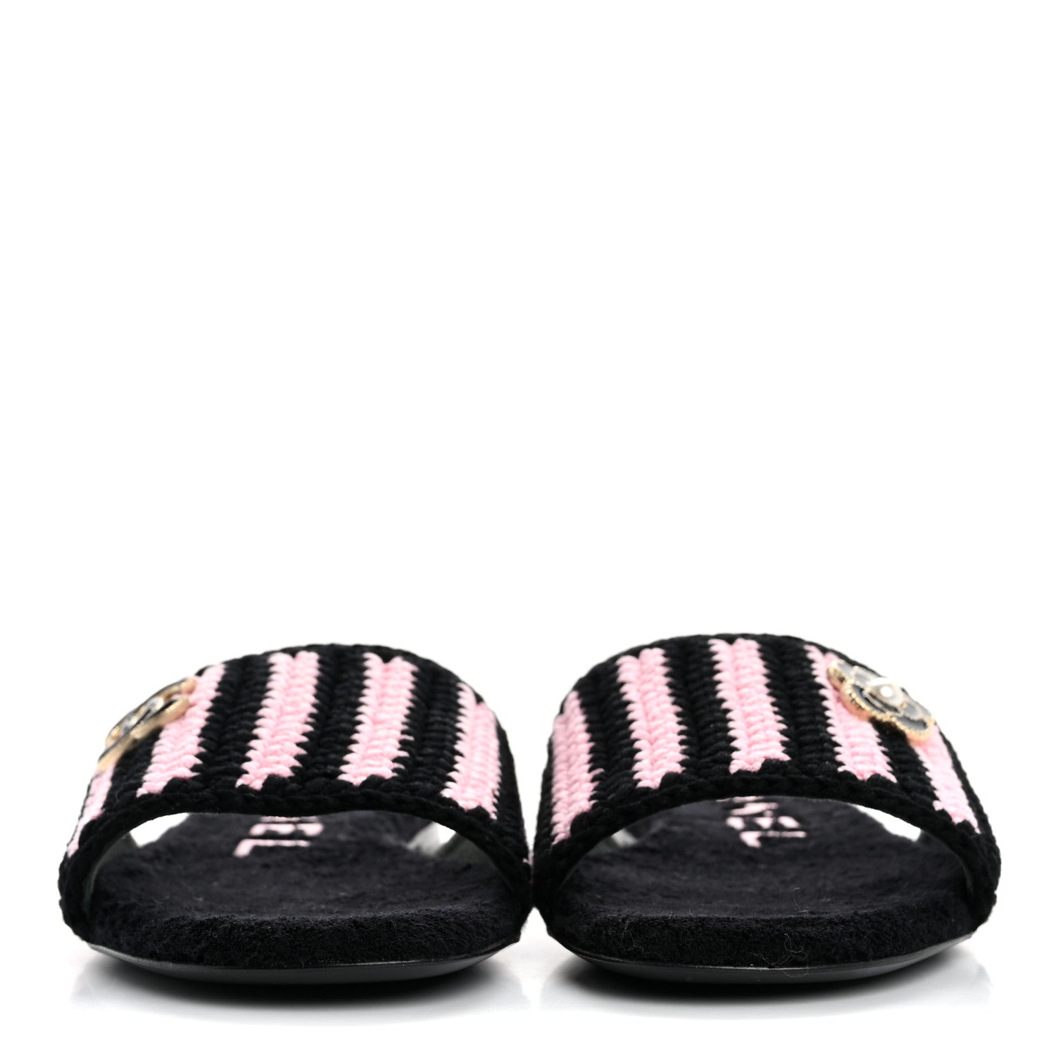 Chanel Crochet Striped Enamel Camellia Mules Sandals 36.5 Pink Black 3 of 10
