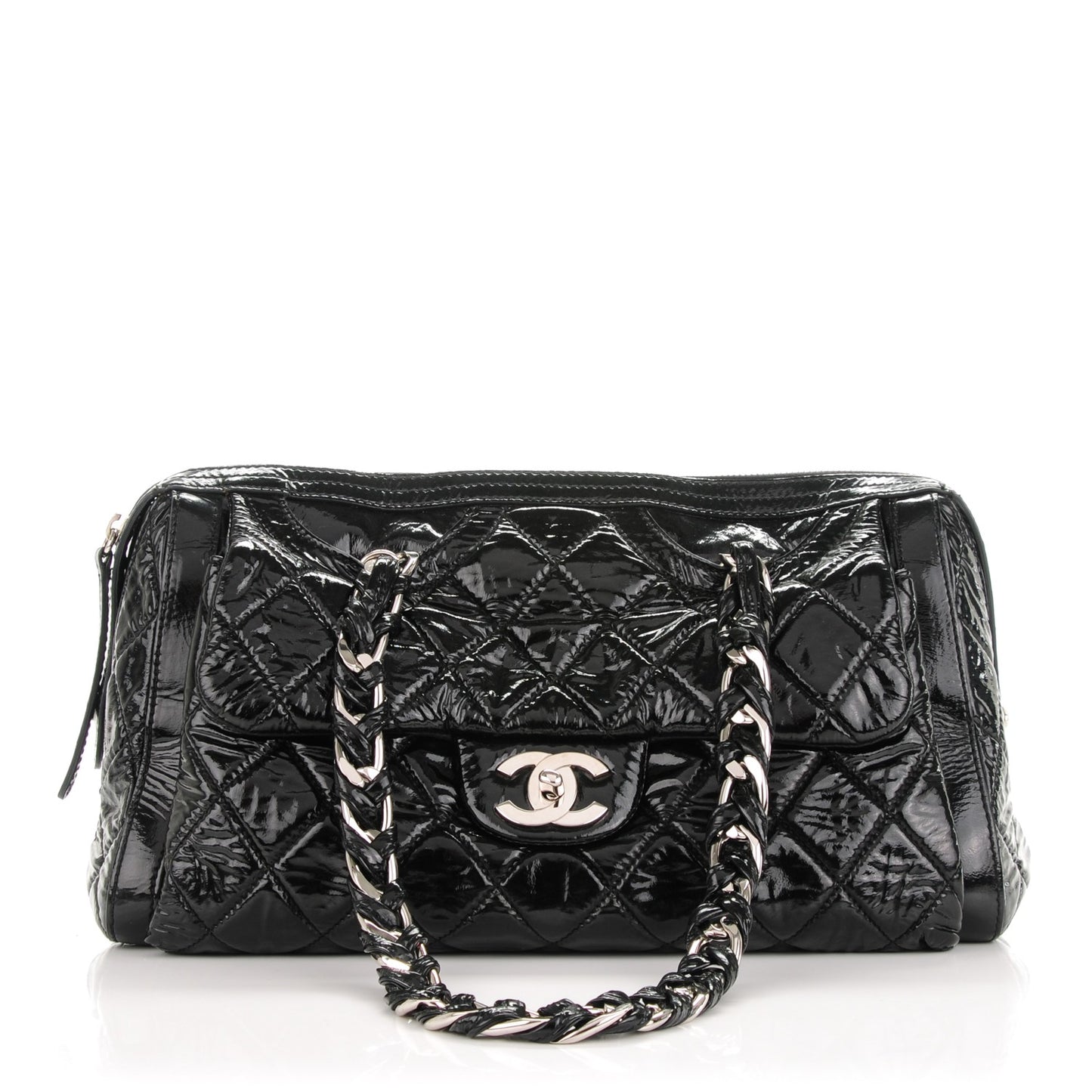 Patent Quilted Day Glo Flap Bag Black