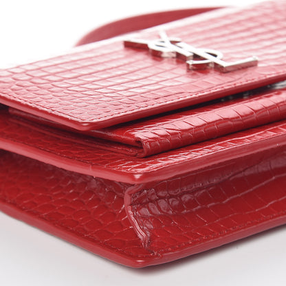 Saint Laurent Calfskin Crocodile Embossed Monogram Sunset Chain Wallet New Lipstick Red 7 of 8