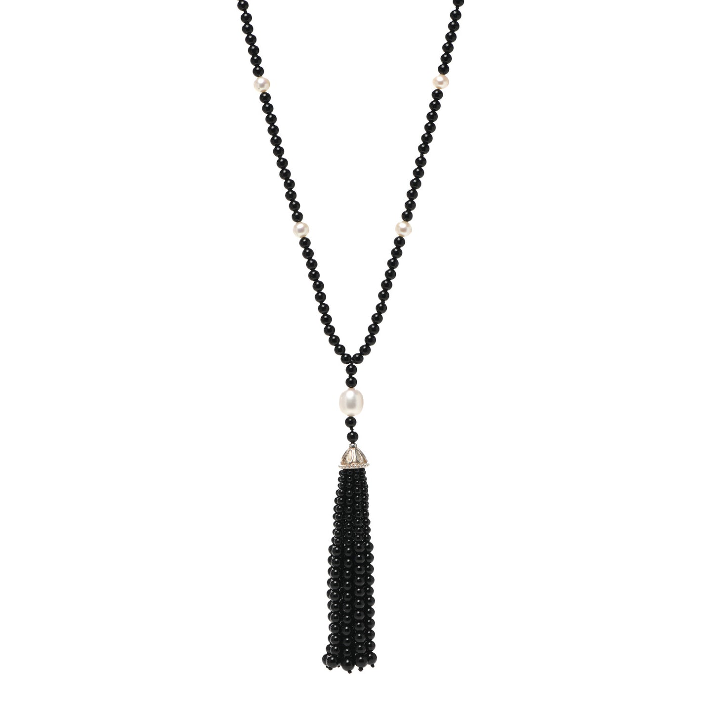 Sterling Silver Black Onyx Freshwater Pearl Ziegfeld Tassel Necklace