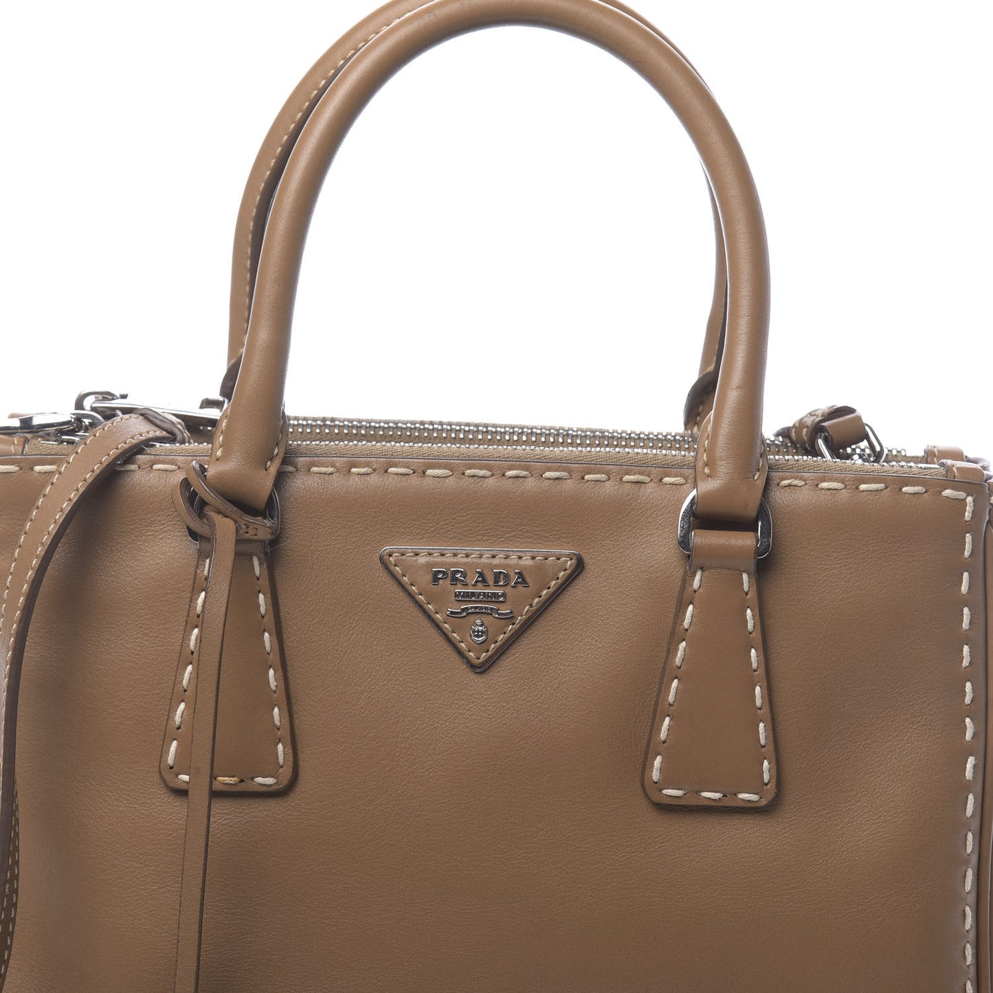 City Calf Mini Hand Stitched Galleria Double Zip Tote Caramel