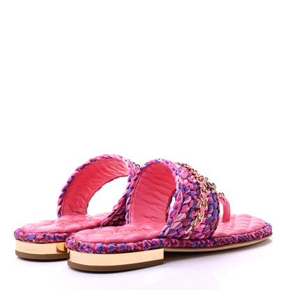 Chanel Raffia Lambskin Woven Chain CC Toe Ring Sandals 36.5 Pink Fuchsia Purple 4 of 9