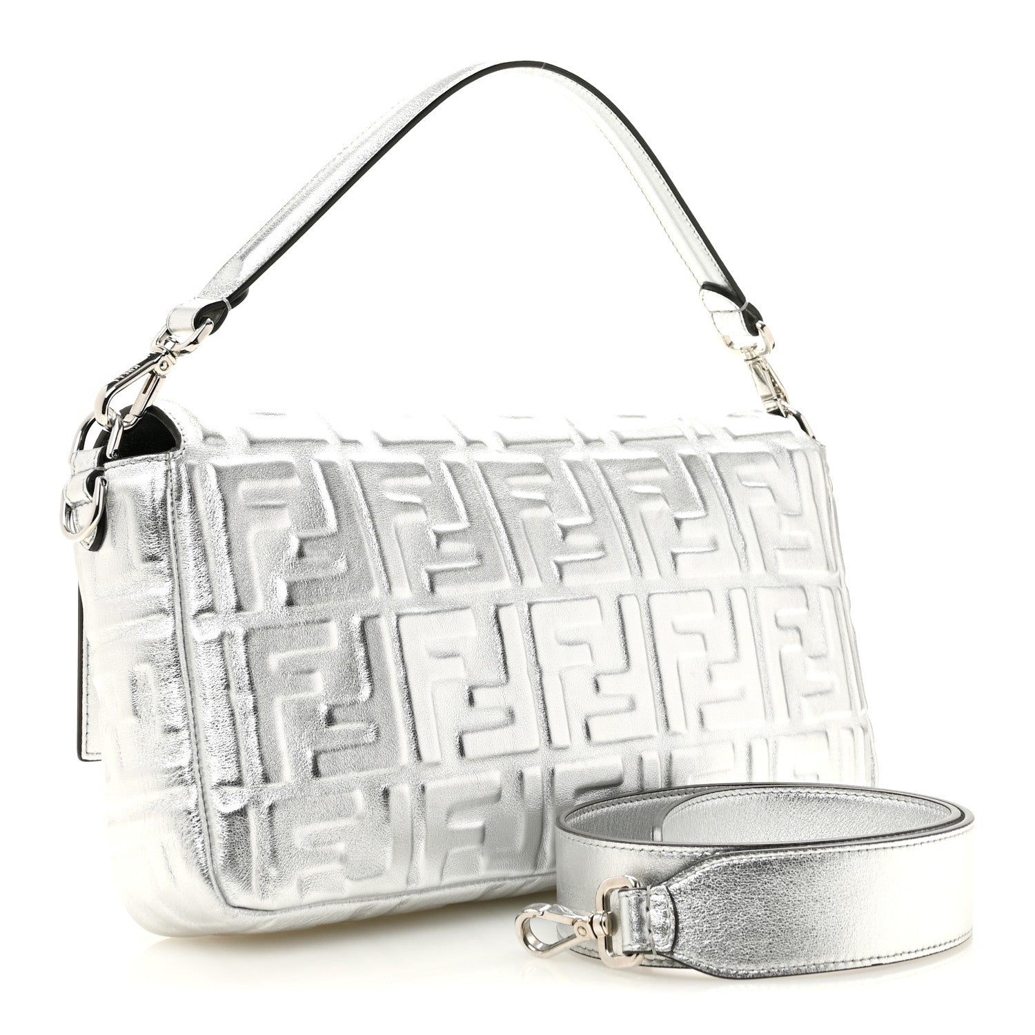Fendi Vitello Catalan Mirror FF 1974 Embossed Large Baguette Argento 3 of 14