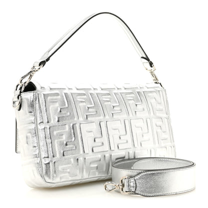 Fendi Vitello Catalan Mirror FF 1974 Embossed Large Baguette Argento 3 of 14