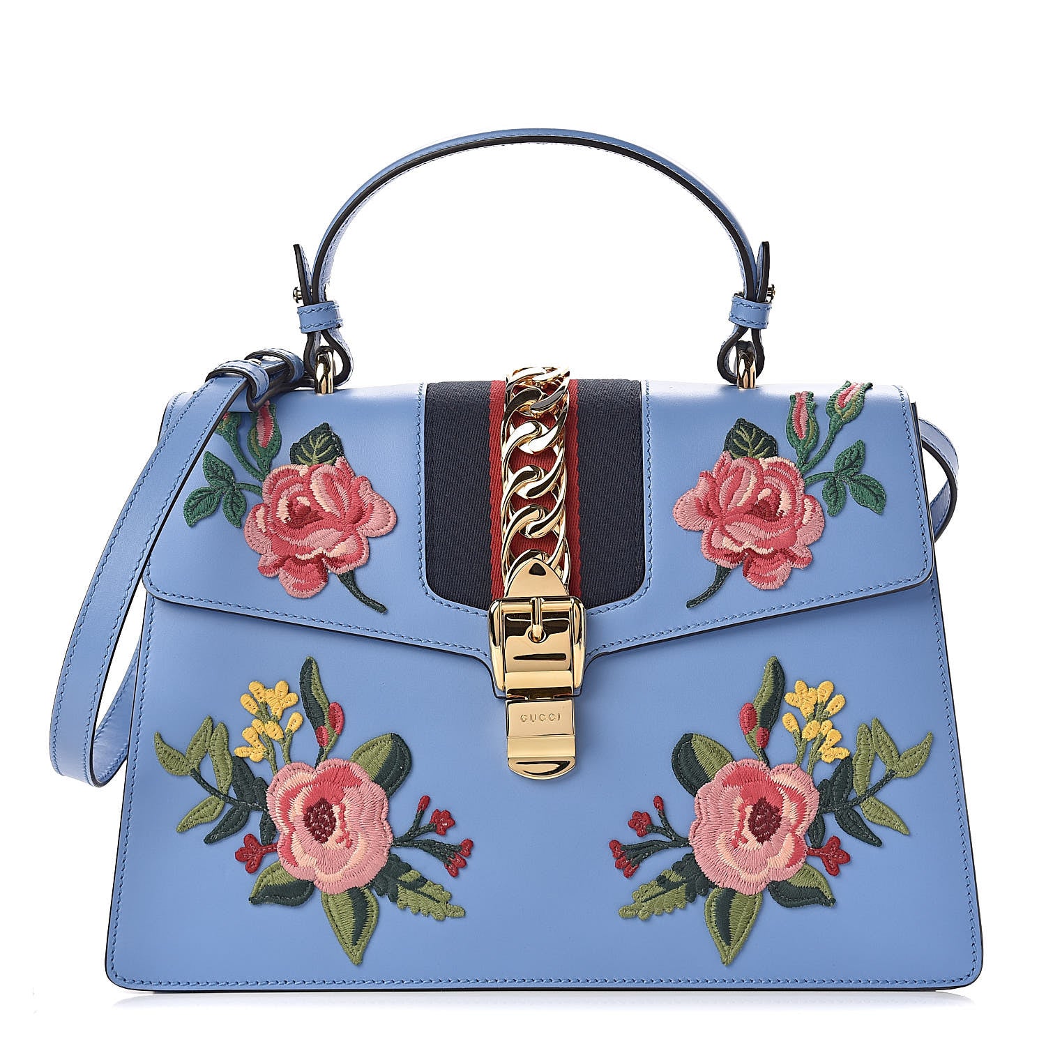 Gucci Calfskin Embroidered Medium Sylvie Top Handle Bag Clear Sky Blue 1 of 10