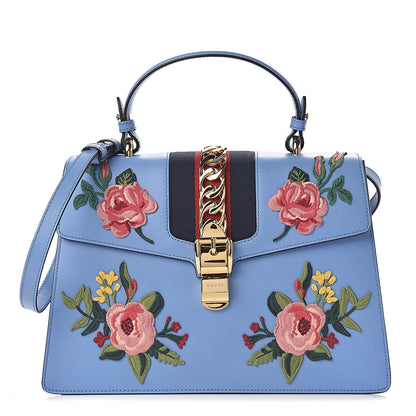 Gucci Calfskin Embroidered Medium Sylvie Top Handle Bag Clear Sky Blue 1 of 10
