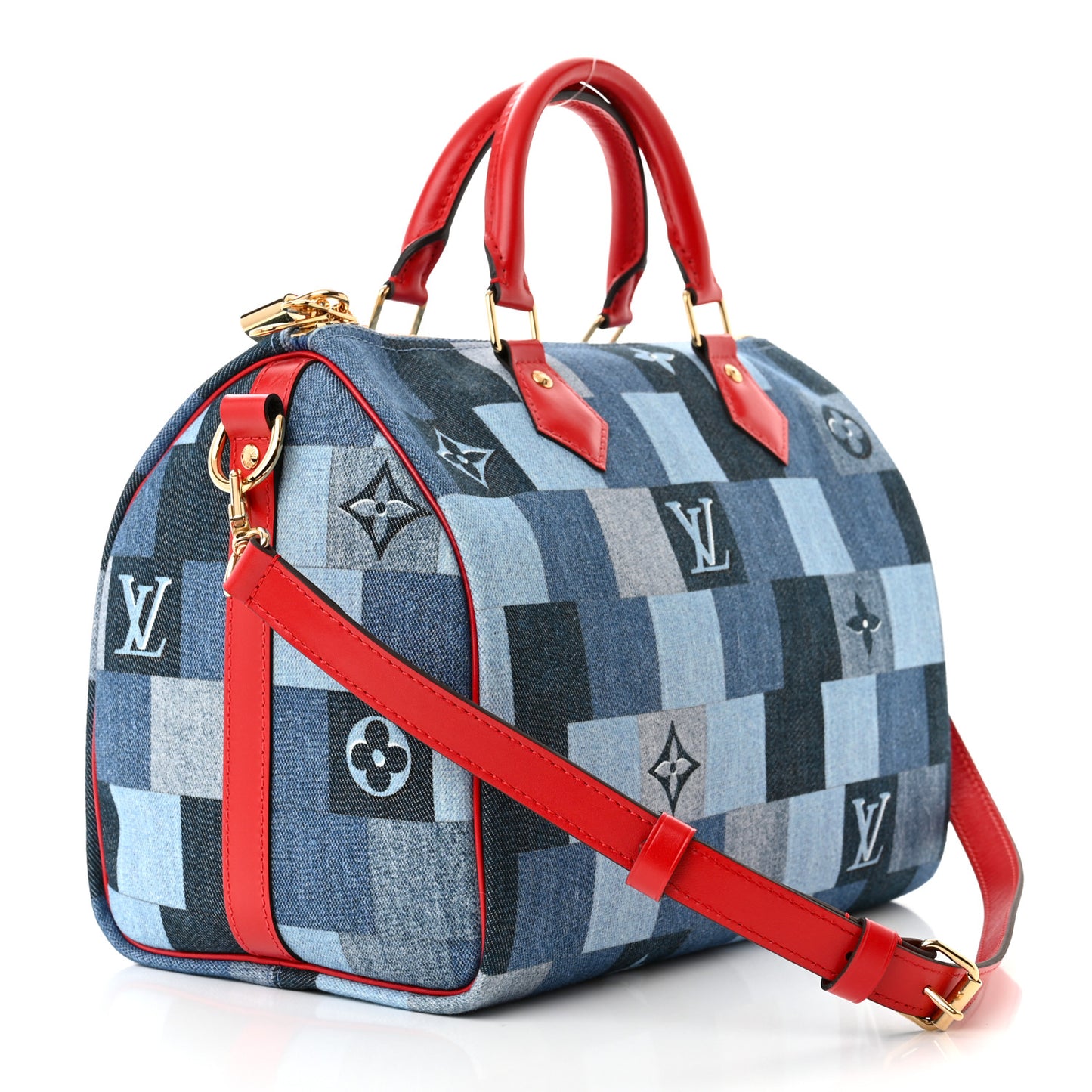 Denim Damier Monogram Patchwork Speedy Bandouliere 30 Blue Rouge