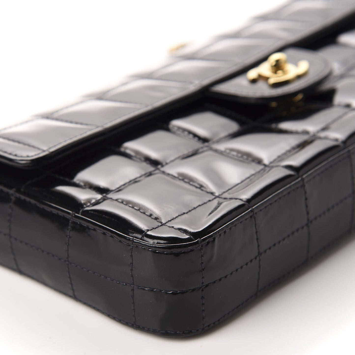 Patent Quilted East West Chocolate Bar Flap Black