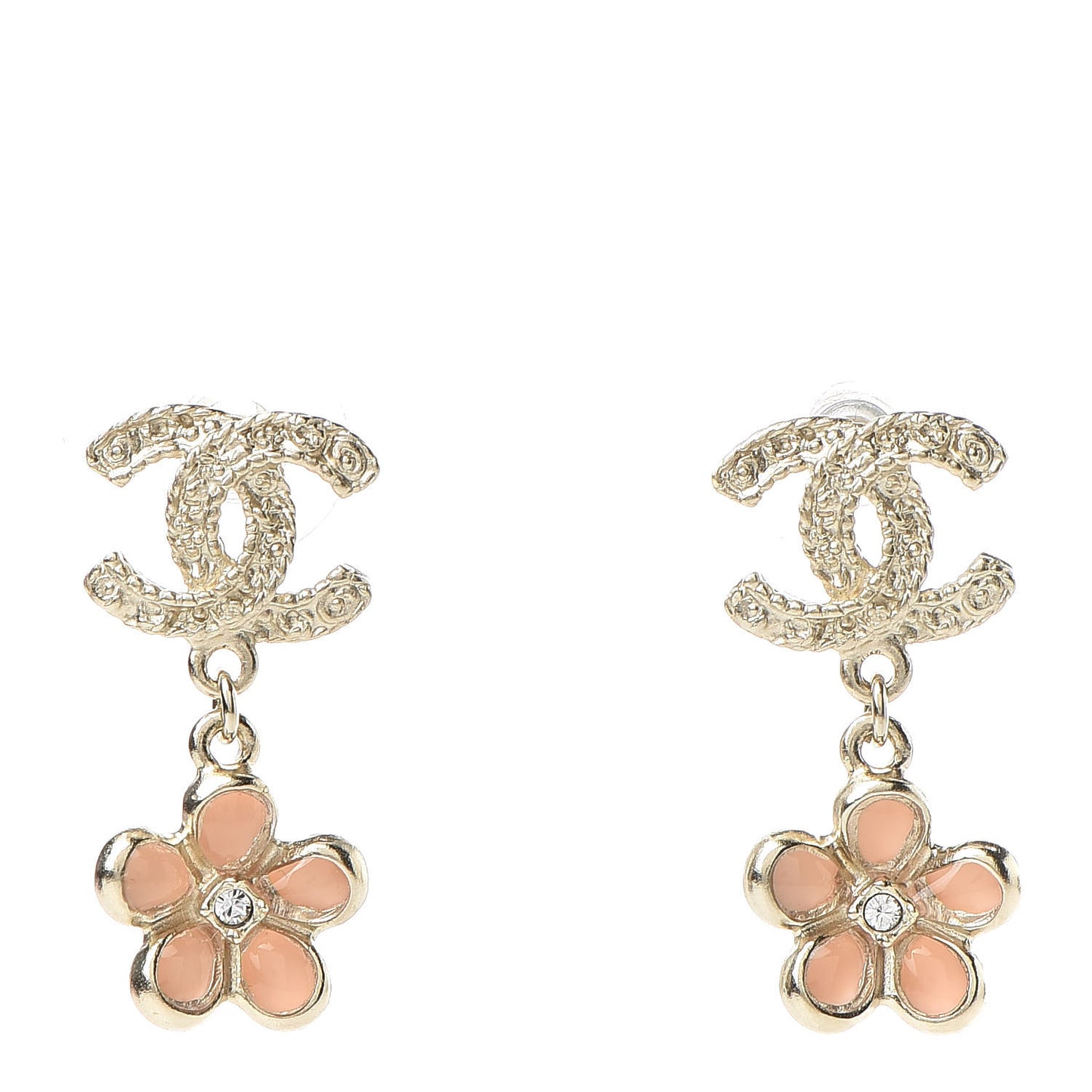 Resin Crystal CC Camellia Drop Earrings Gold Beige