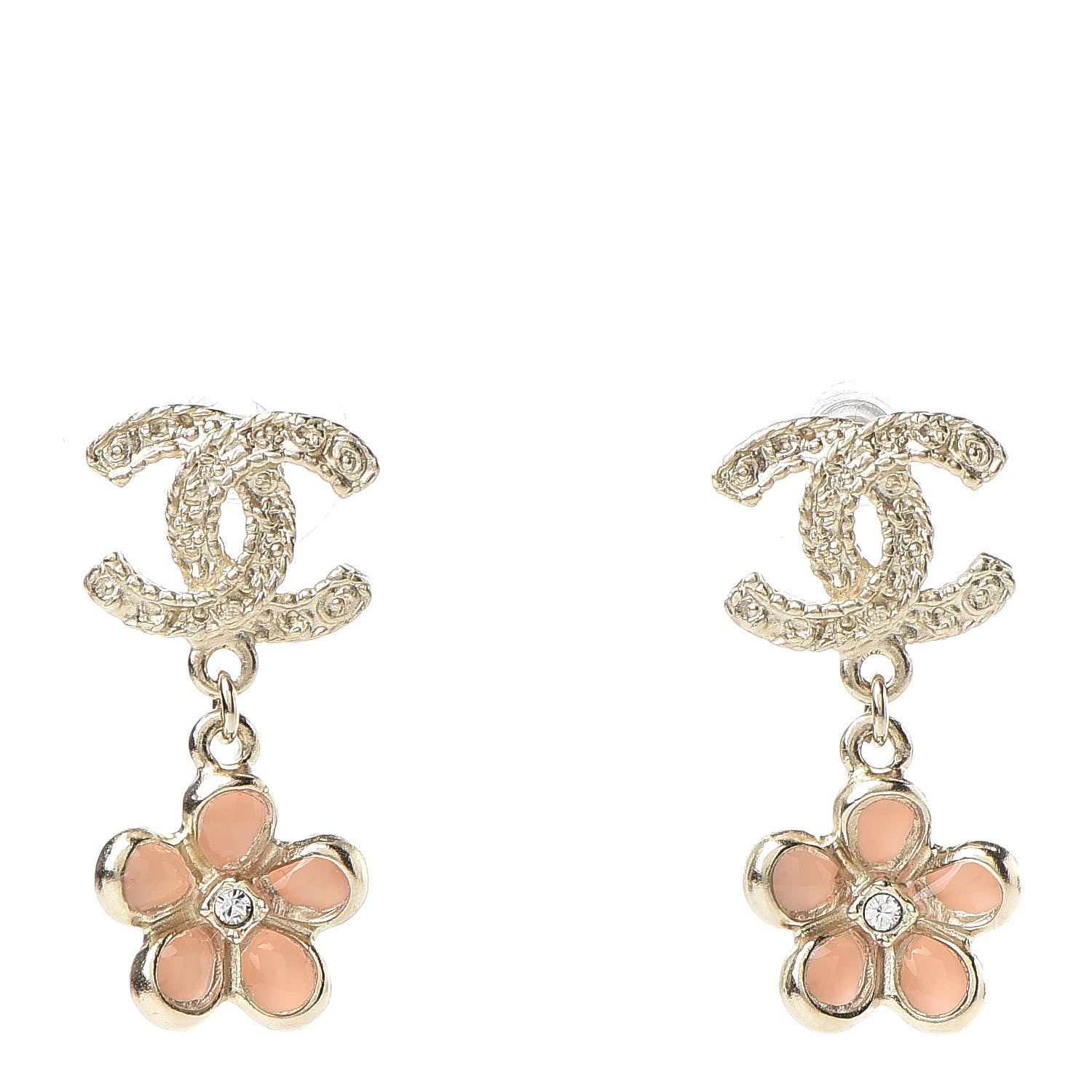Chanel Resin Crystal CC Camellia Drop Earrings Gold Beige 1 of 5