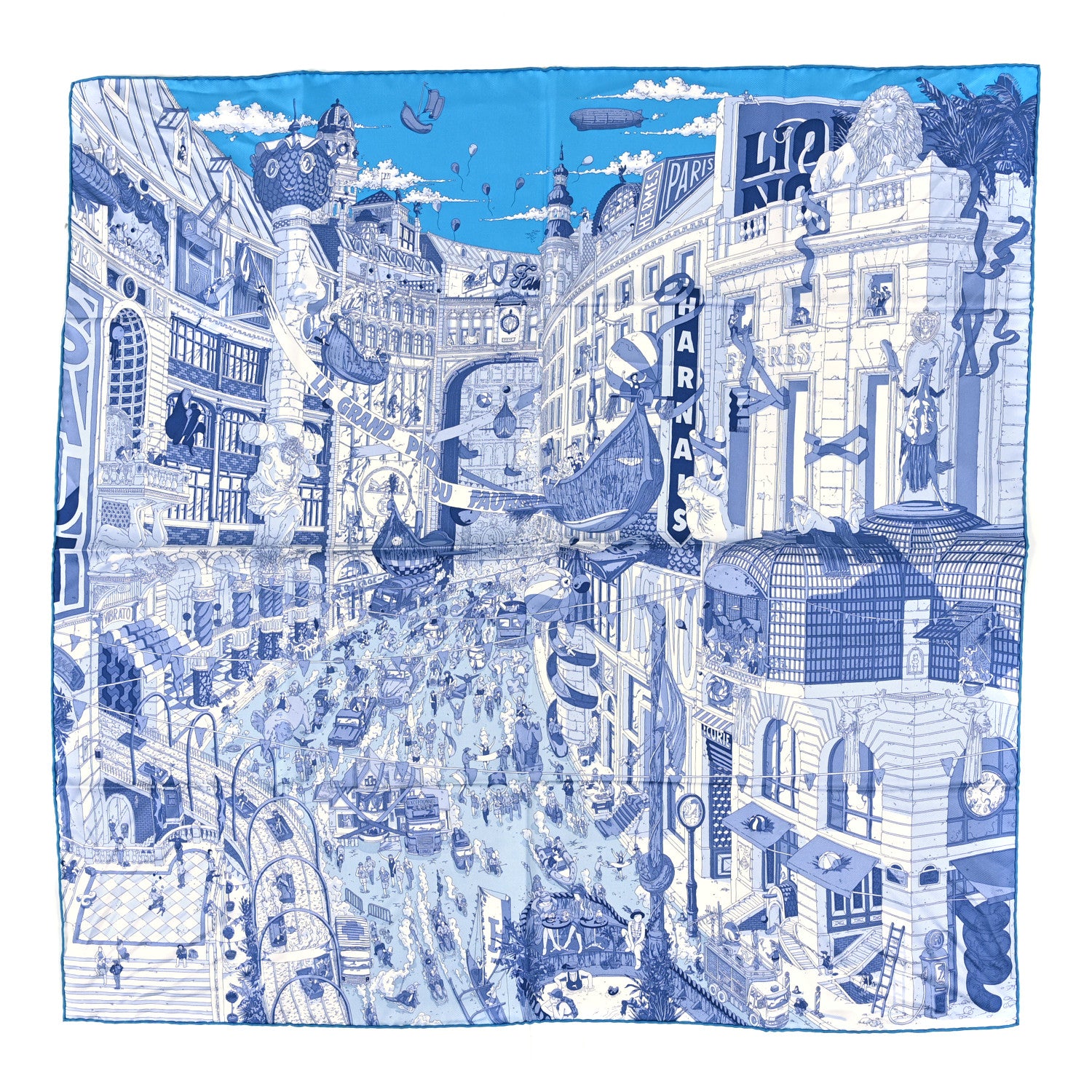 Hermes Silk Le Grand Prix du Faubourg Scarf 90 Bleu Azur Bleu Jean White 1 of 4