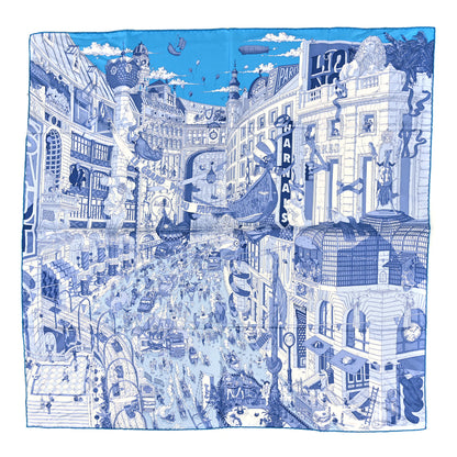 Hermes Silk Le Grand Prix du Faubourg Scarf 90 Bleu Azur Bleu Jean White 1 of 4