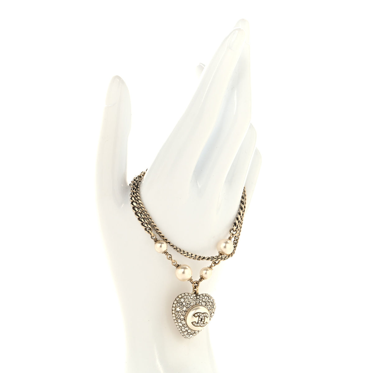 Chanel Crystal Pearl CC Heart Drop Bracelet Gold 2 of 4