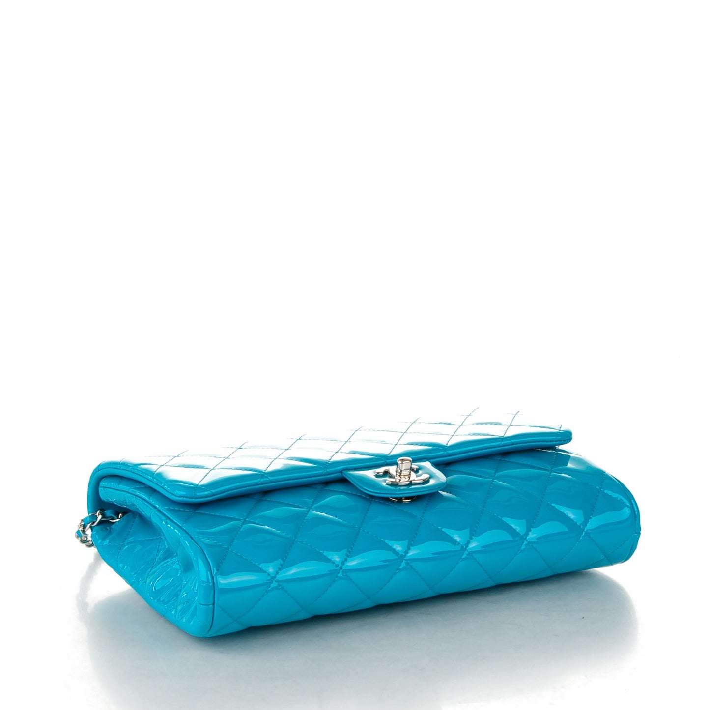 Patent Quilted Clutch with Chain Flap Blue