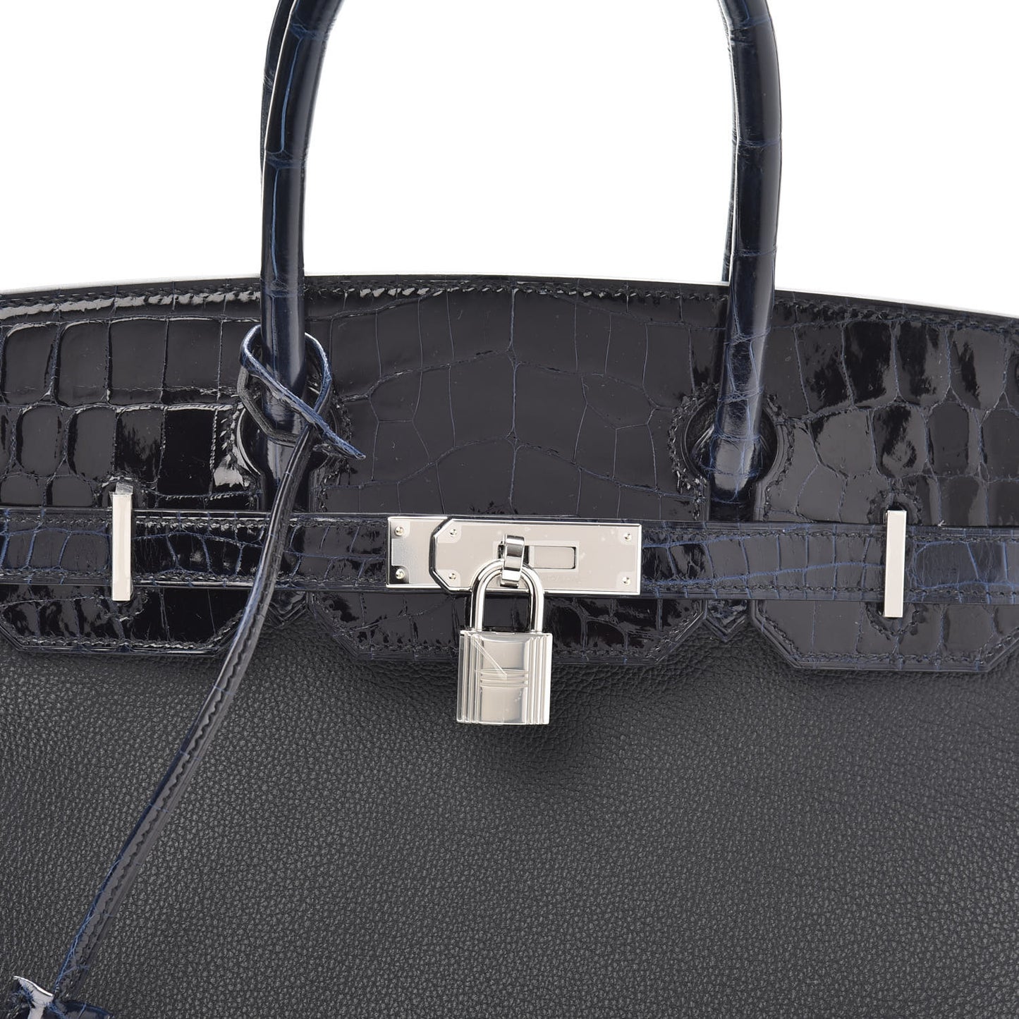 Taurillon Novillo Shiny Niloticus Crocodile Birkin Touch 30 Black Bleu Marine