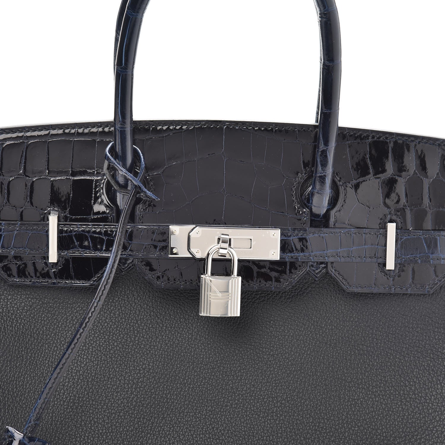 Hermes Taurillon Novillo Shiny Niloticus Crocodile Birkin Touch 30 Black Bleu Marine 6 of 29