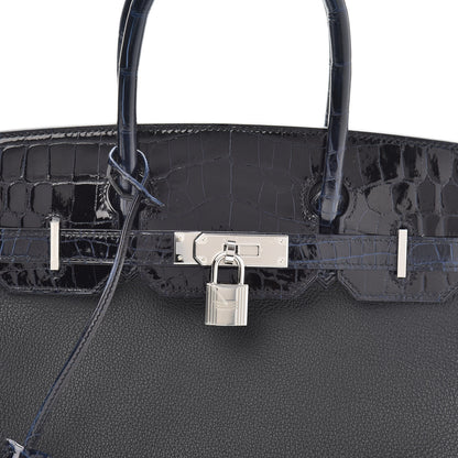 Hermes Taurillon Novillo Shiny Niloticus Crocodile Birkin Touch 30 Black Bleu Marine 6 of 29