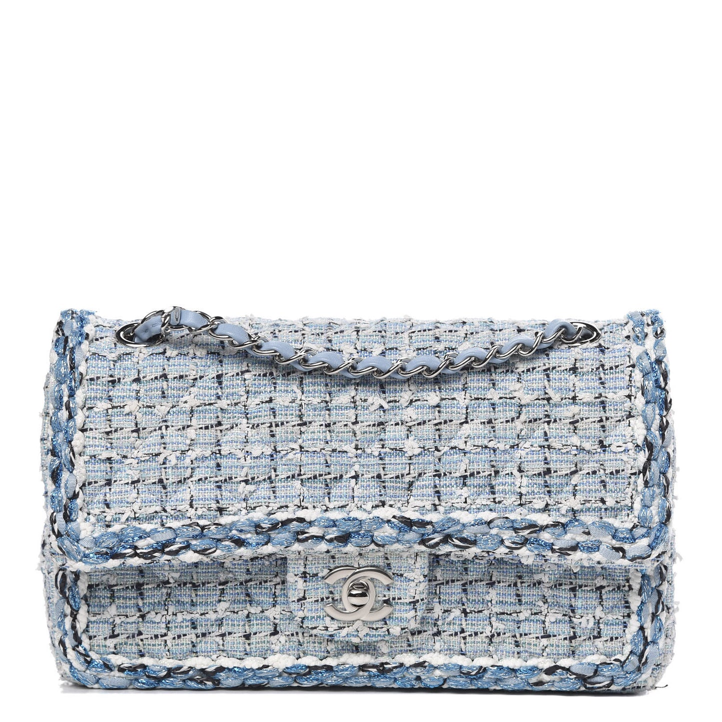 Tweed Quilted Medium Double Flap Blue White