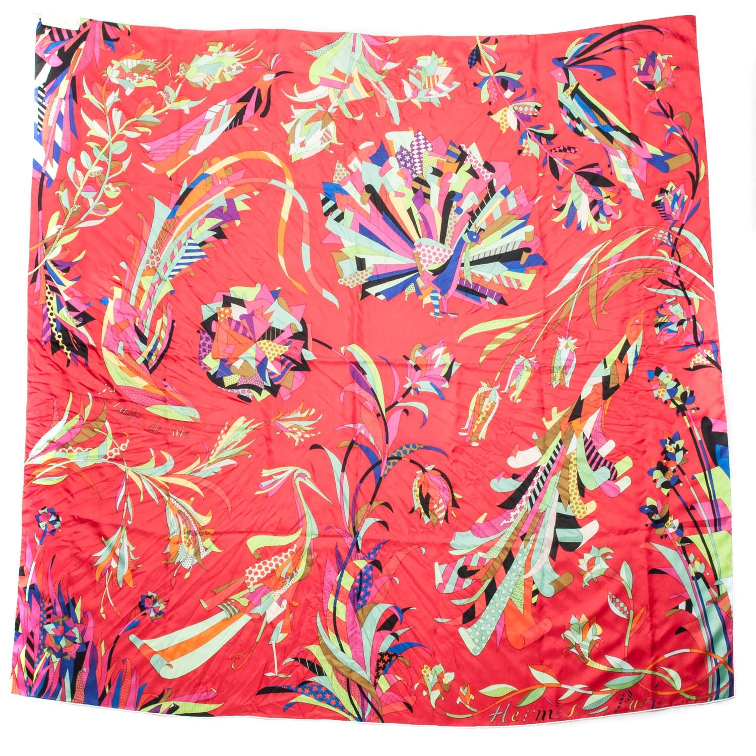 Hermes Silk Twill Paradis De Soie Giant Plume Scarf 140 Rouge Vert Fuchsia 1 of 6