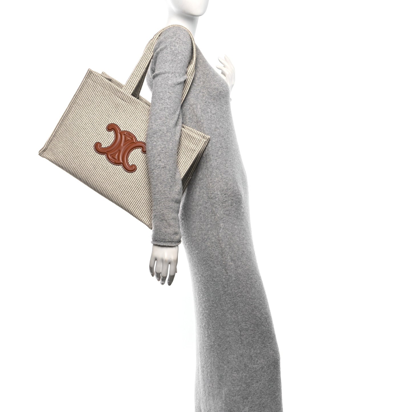 Canvas Calfskin Striped Triomphe Large Cabas Beige