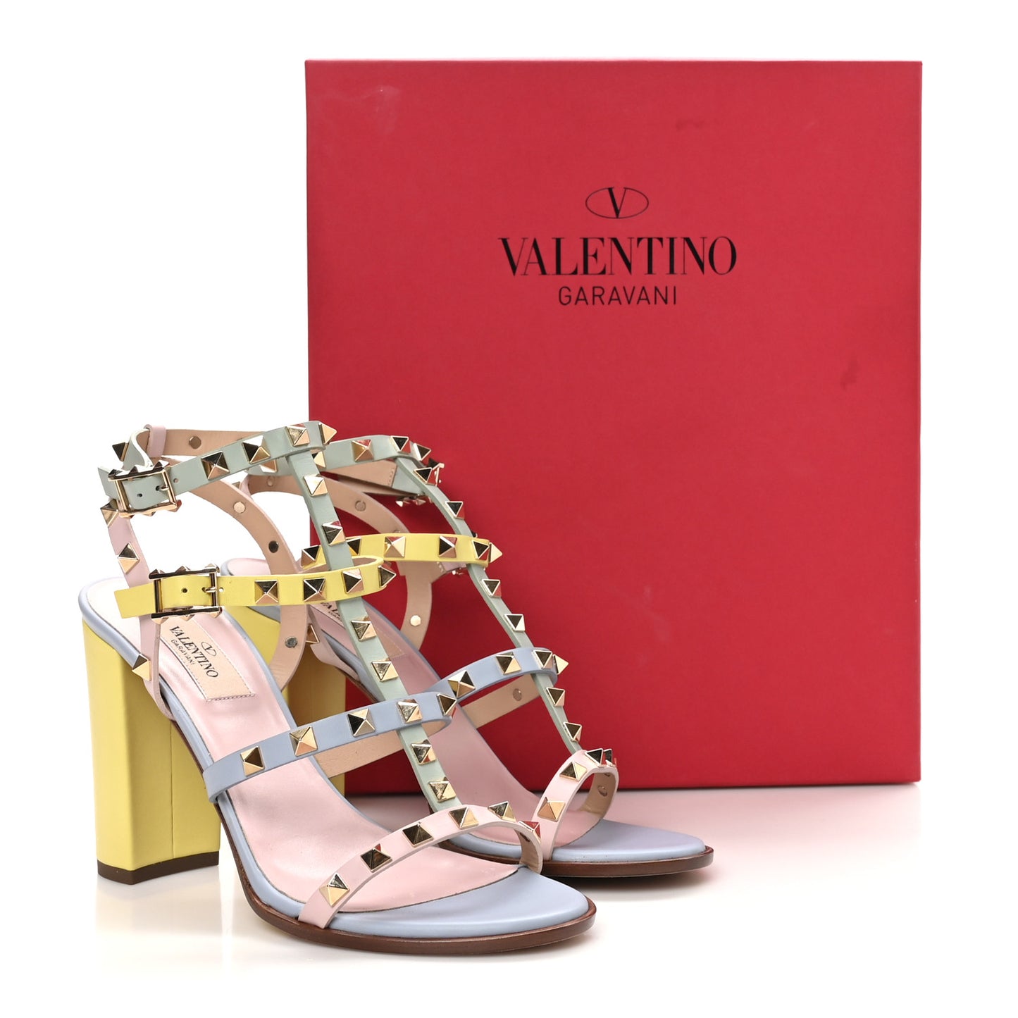 Calfskin Rockstud 90mm City Sandals 38 Sky Rose Green Yellow