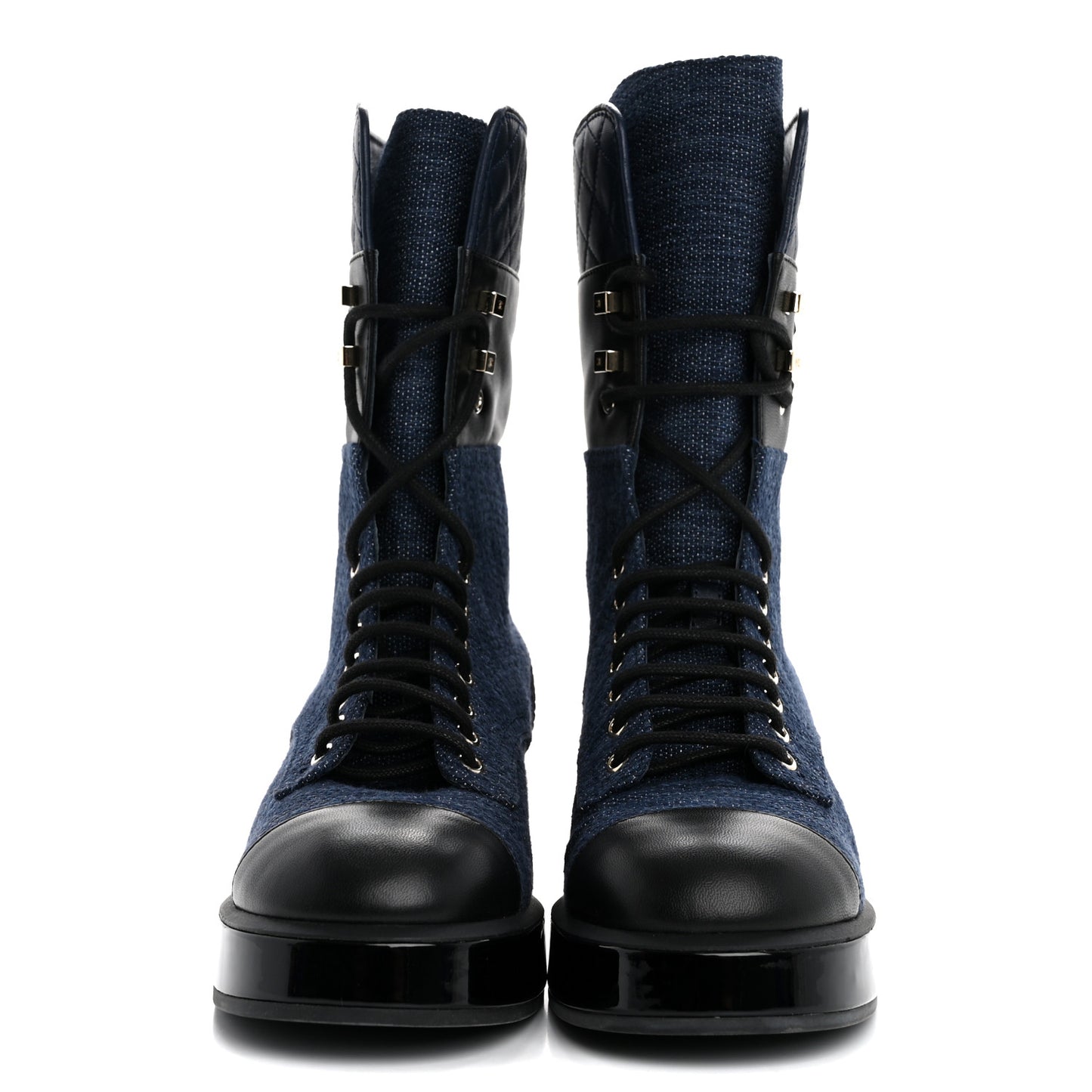 Denim Patent Lambskin Quilted CC Lace Up Combat Boots 38.5 Blue Black