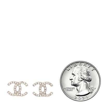 Chanel Pearl Crystal CC Charms Stud Earrings Light Gold 2 of 5