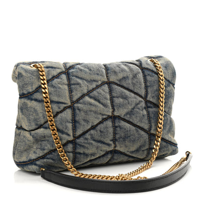 Saint Laurent Denim Quilted Toy Loulou Puffer Monogram Chain Satchel Blue Black 3 of 10