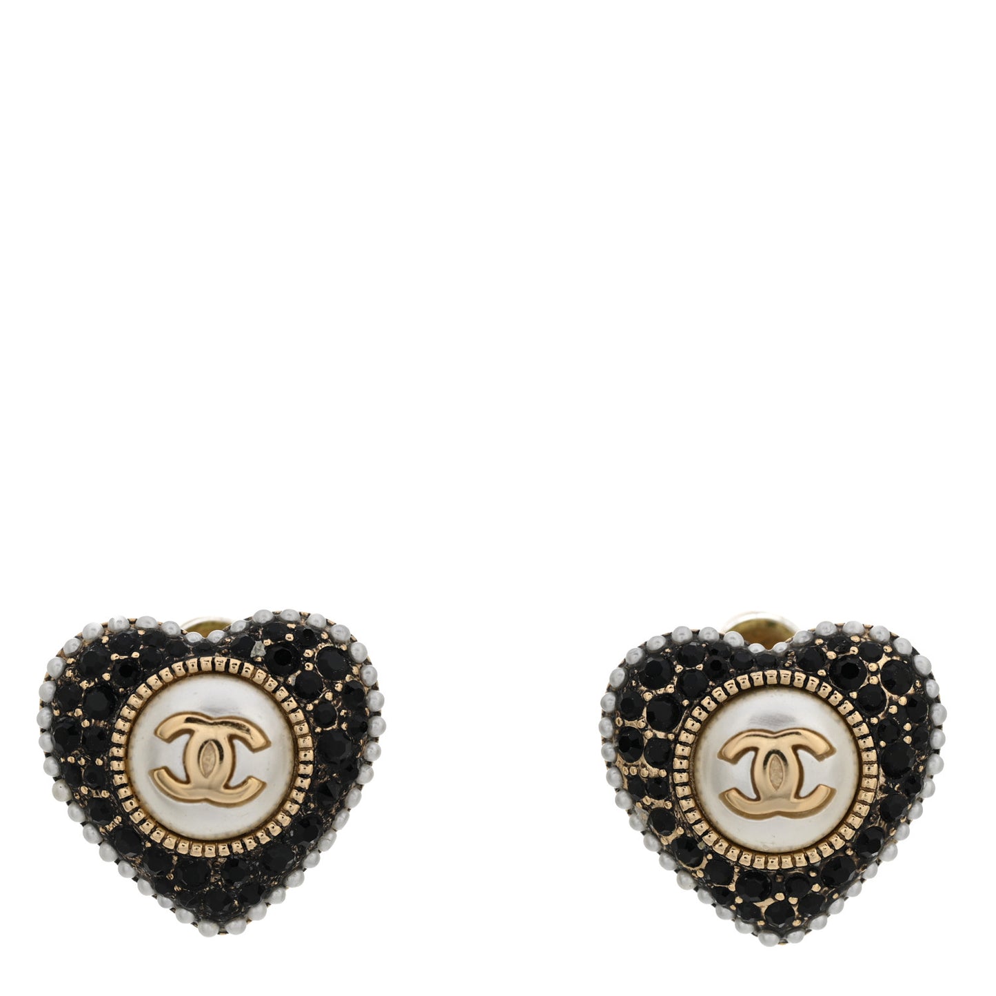 Pearl Crystal CC Heart Earrings Gold Black