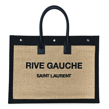 Saint Laurent Raffia Linen Calfskin Rive Gauche Tote Naturale Black 1 of 8