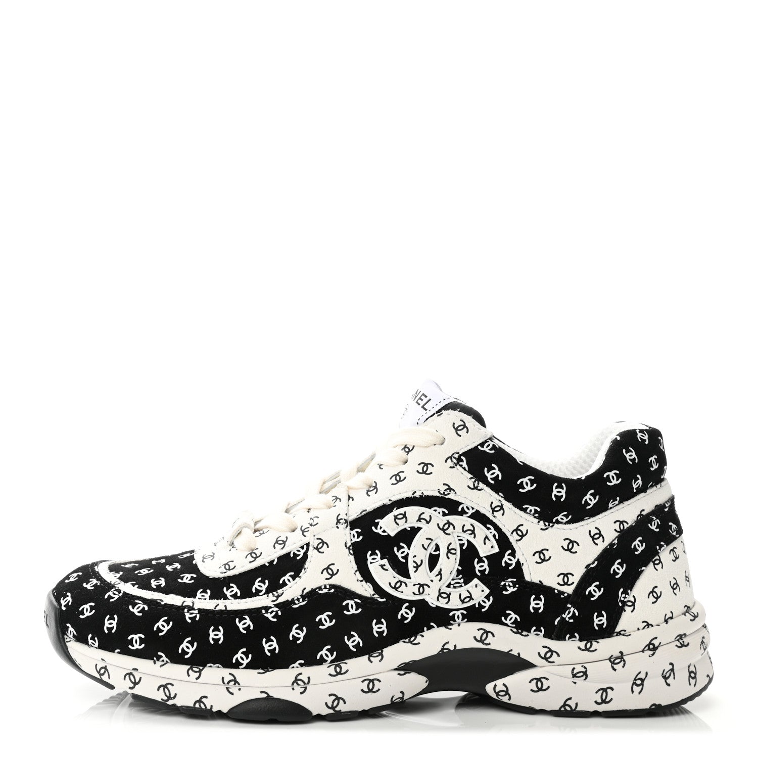 Chanel Nylon Suede Calfskin Printed CC Sneakers 39 White Black 1 of 8