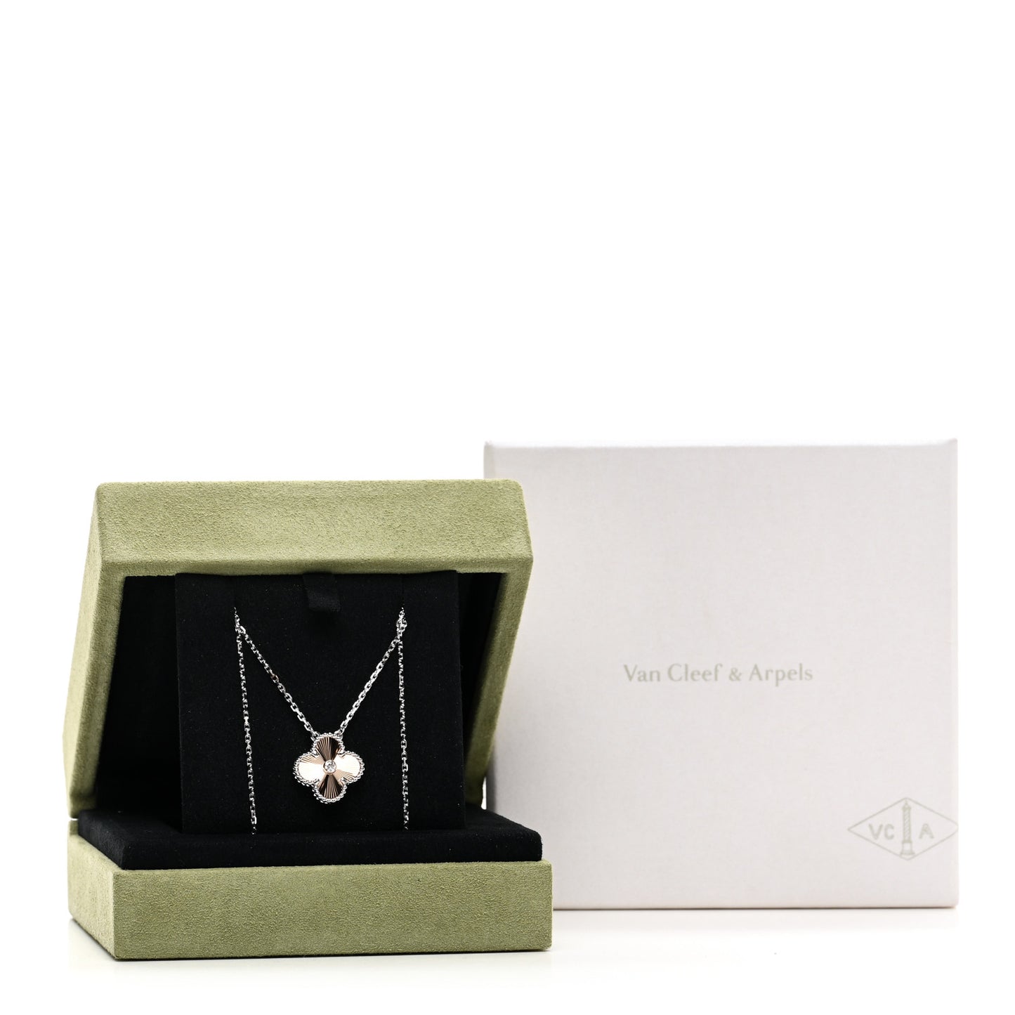 18K White Rose Gold Diamond Guilloche Vintage Alhambra Pendant Necklace