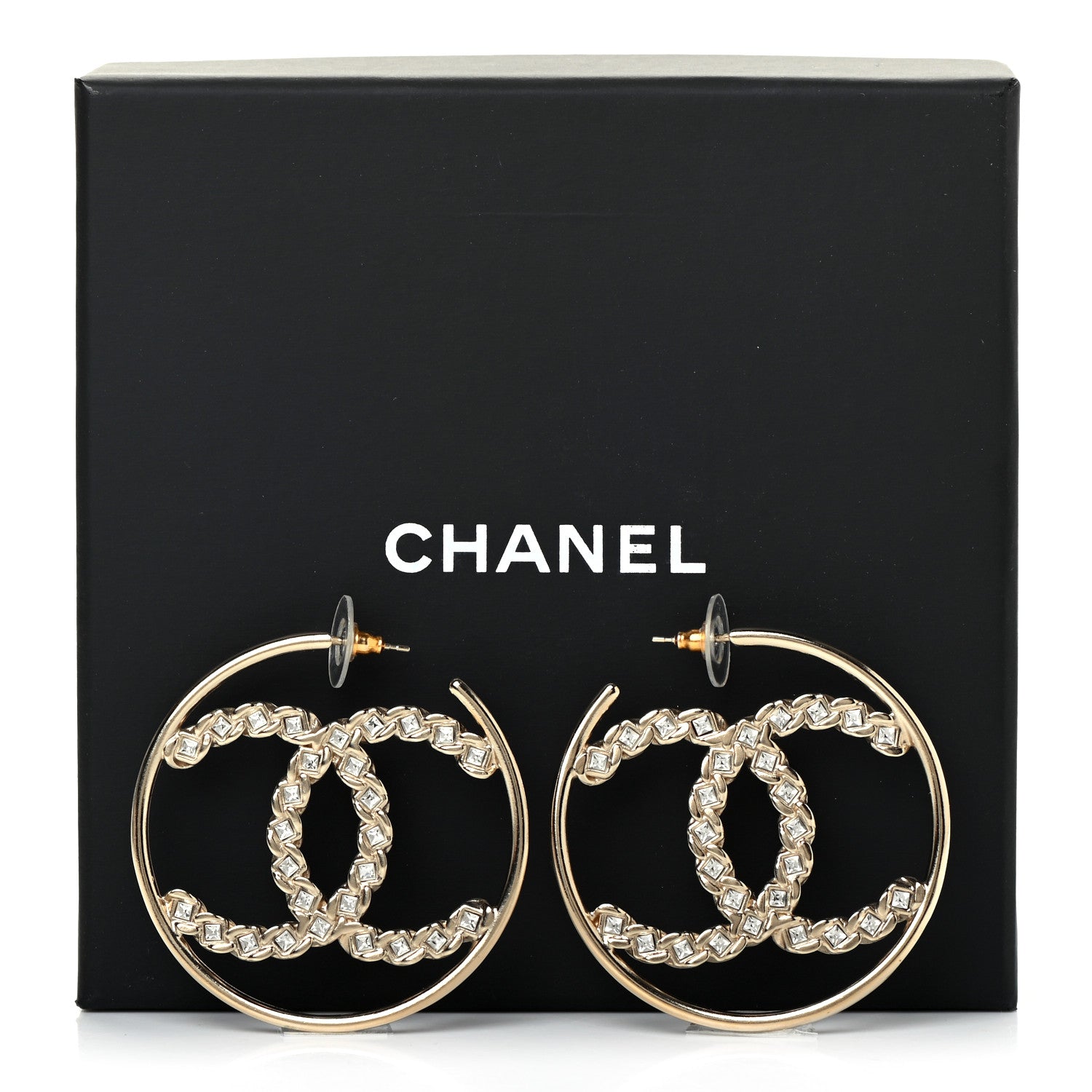 Chanel Crystal High Society CC Hoop Earrings Gold 4 of 4