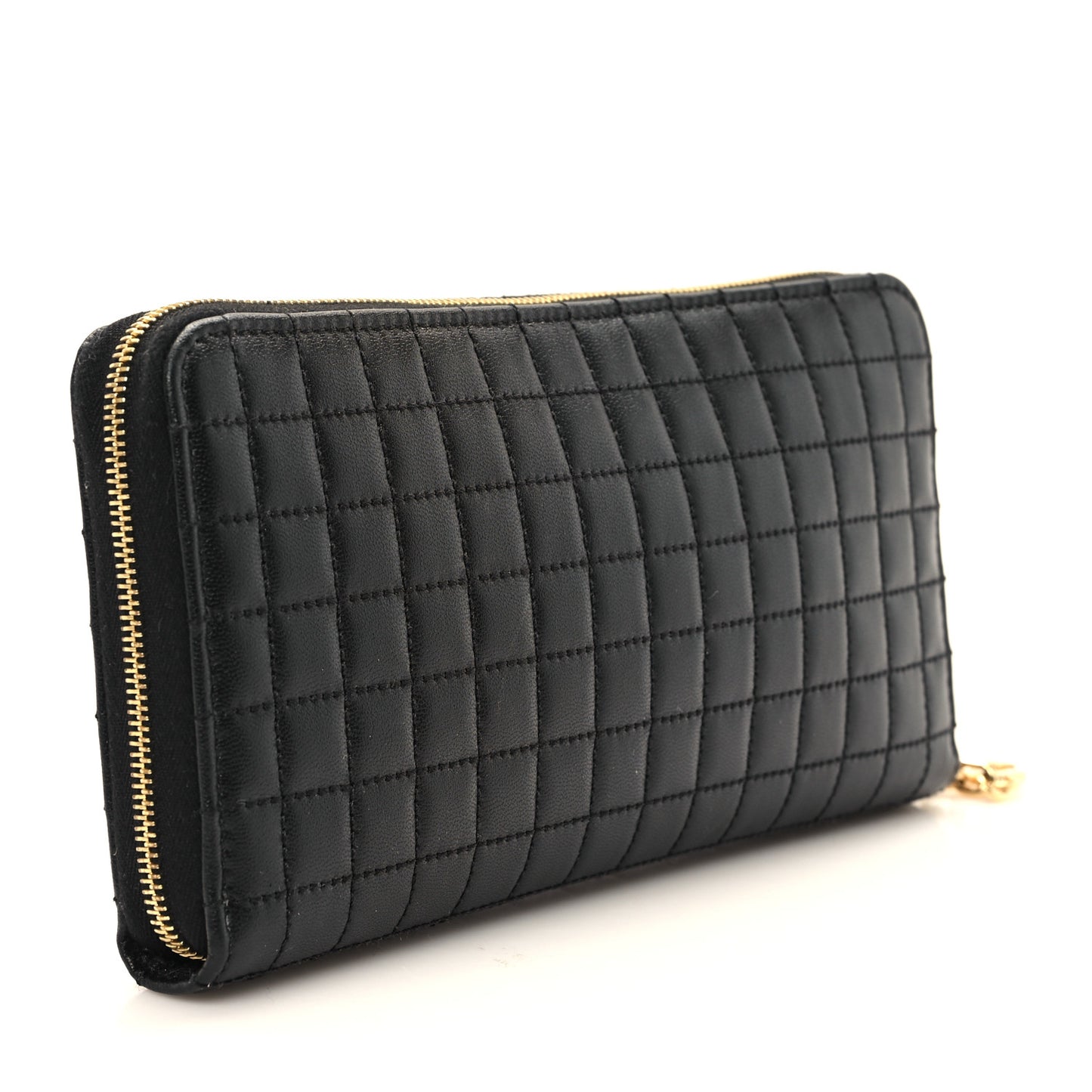 Lambskin Quilted Large C Charm Zip Around Wallet Black
